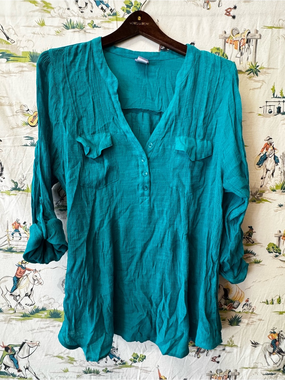Laura Scott Teal V-Neck Button-Front Tunic - gauze material - 2X